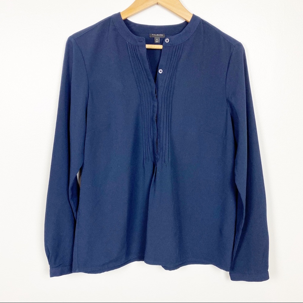 Talbots Navy Blouse Long Sleeve Pleated Front